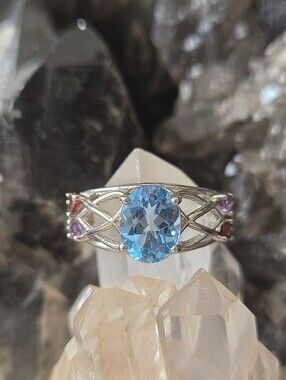 NWT Genuine Sterling Silver Blue Topaz and Multi Gemstone Accent Ring